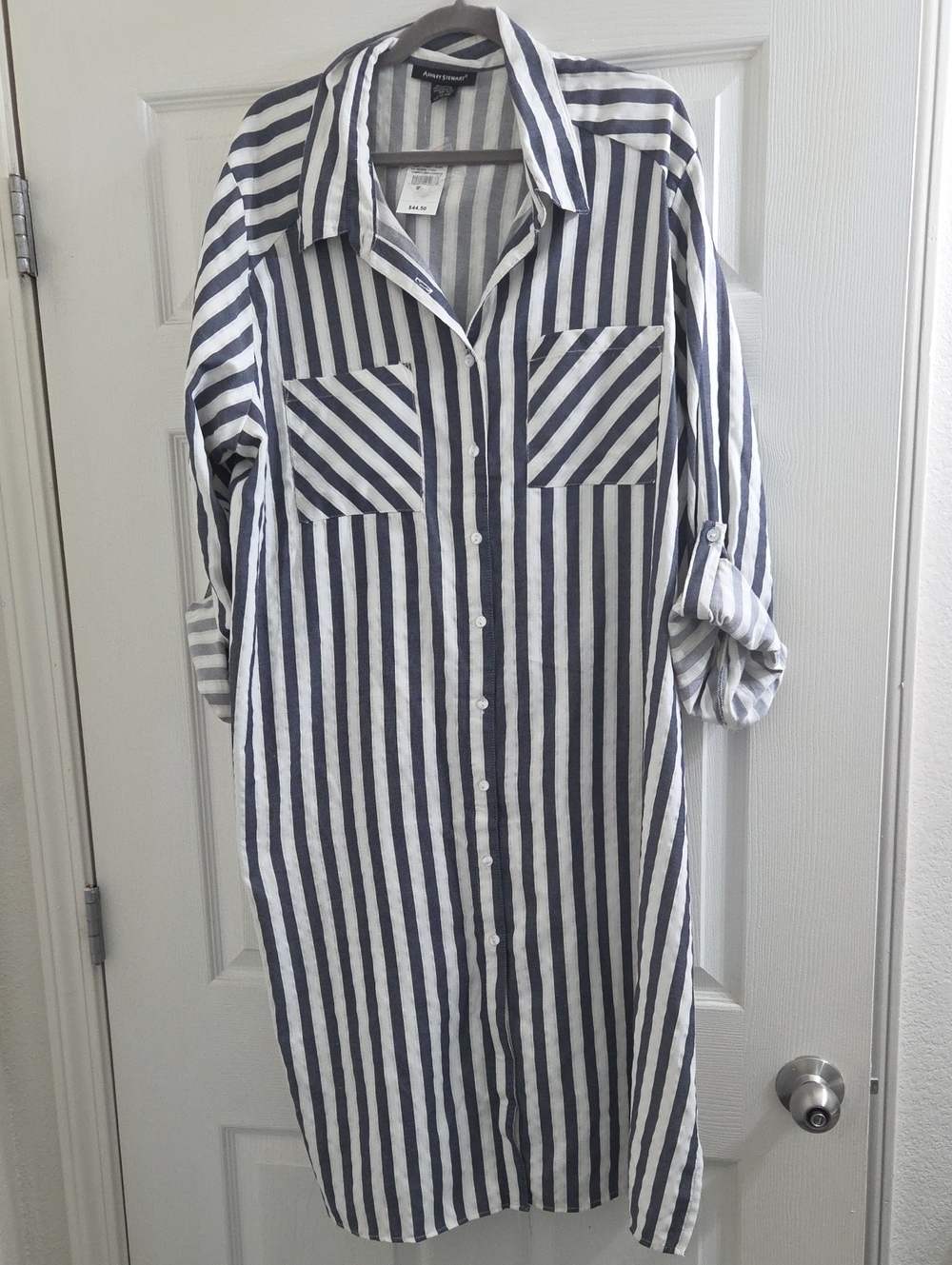Ashley Stewart Black & White Striped Button-Front Tunic